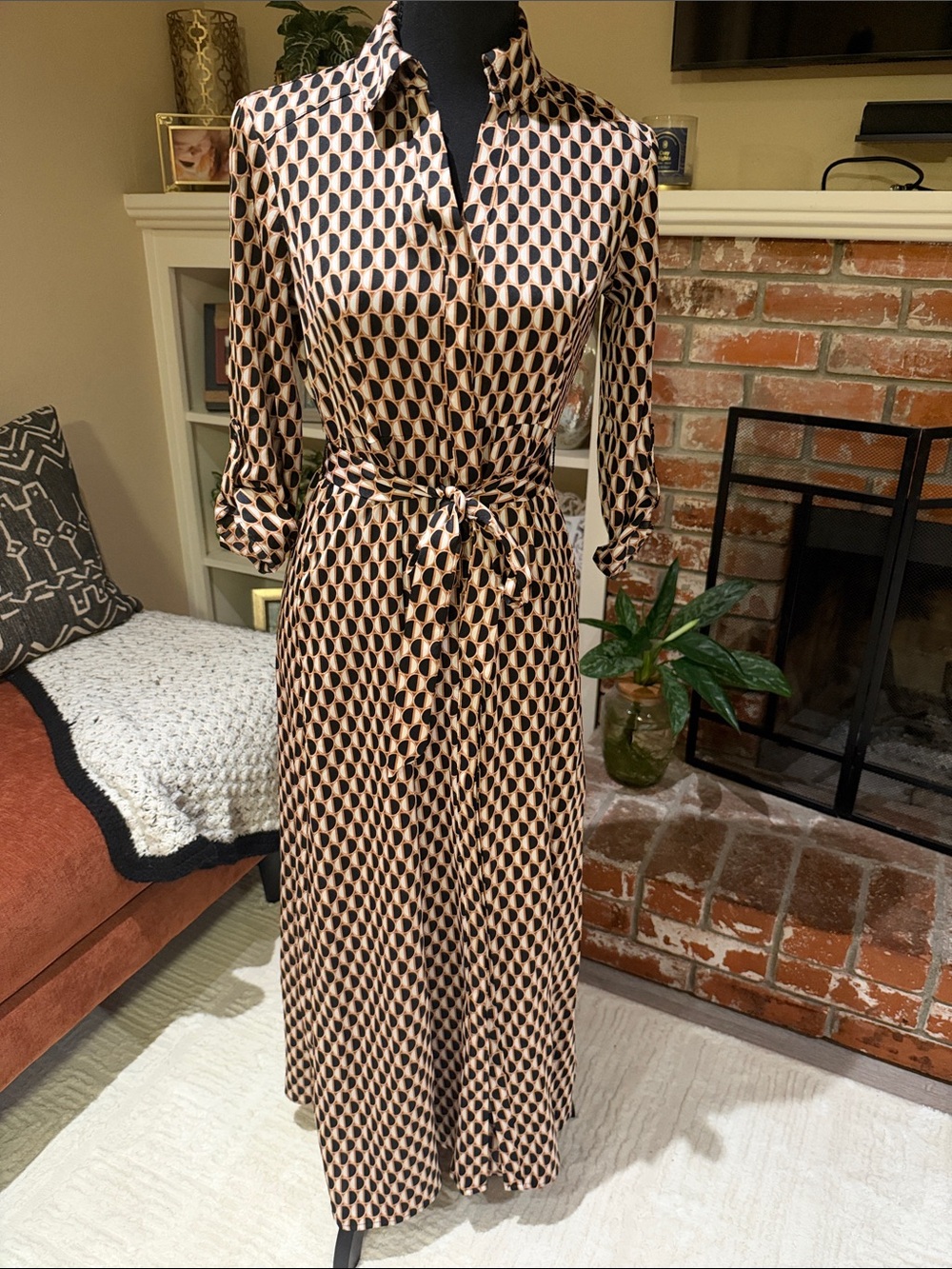 INC International Concepts Black and Cream Geometric Tie-Waist Shirt Dress